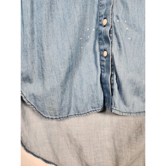 BCBG Blue Denim Distressed Dress Size XS Sleeveless Fray Pocket Button-Up Hi Low - Picture 4 of 10